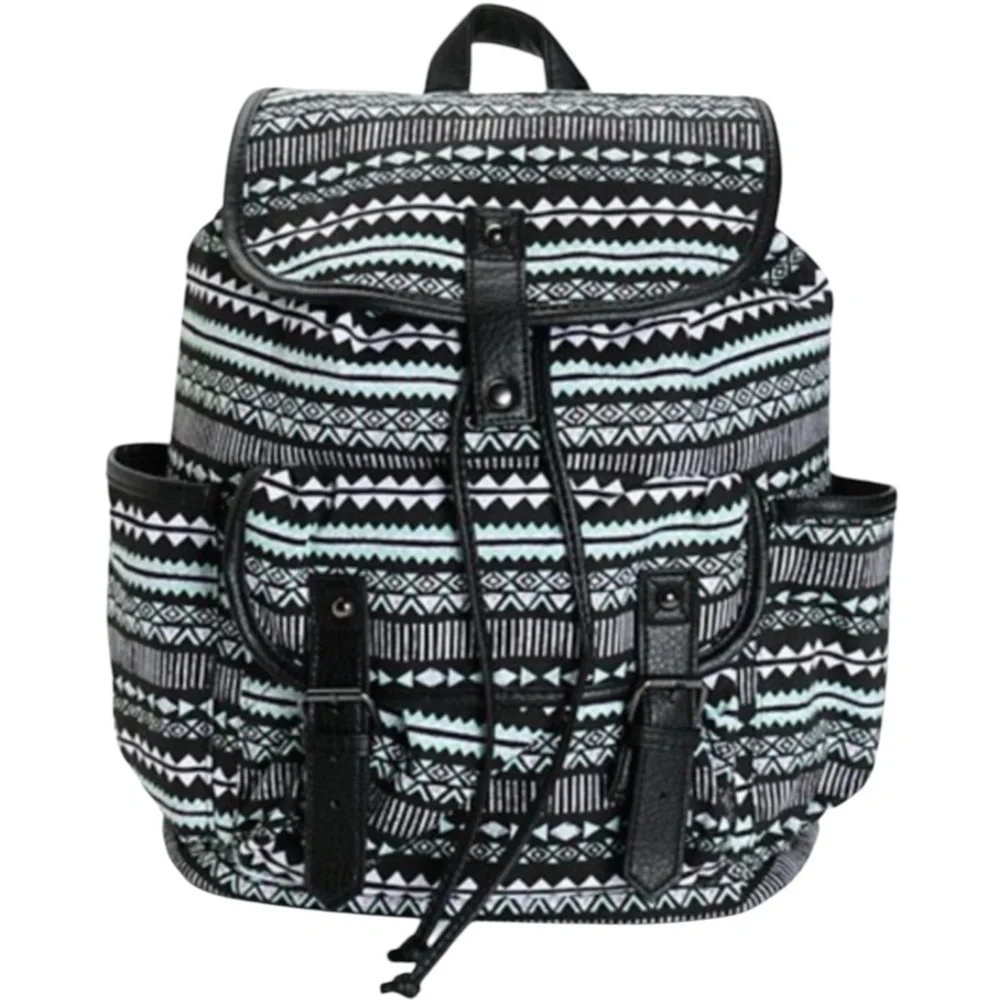 Backpack Mint Green Print Black Trim Side Pockets Drawstring Top New